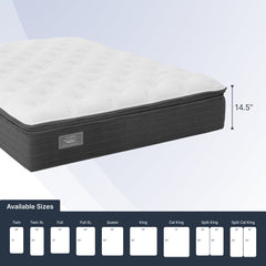 Mattress with size chart on a light gray background