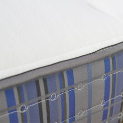 Close-up of a mattress with blue and gray striped pattern