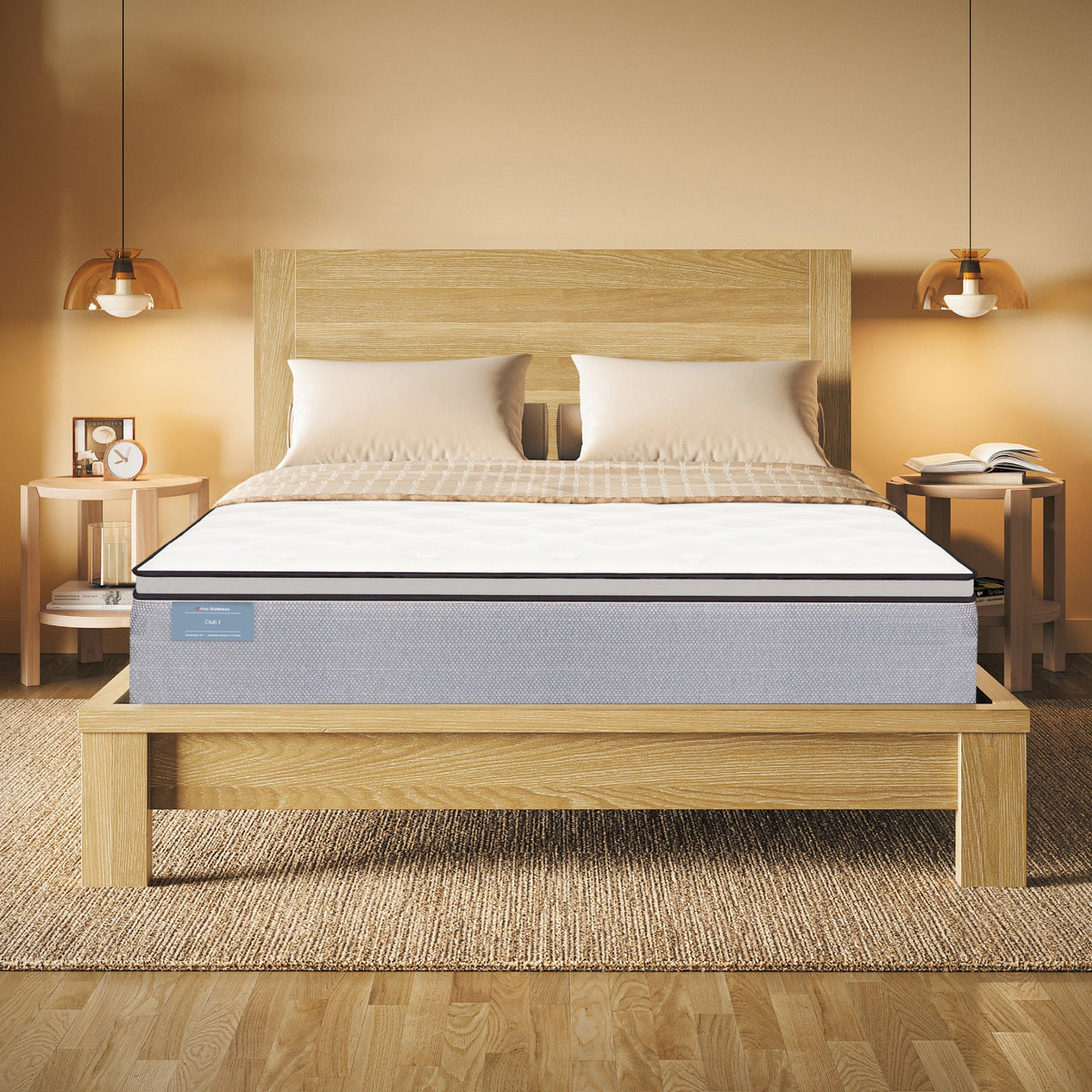 Mattress on a wooden bed frame in a bedroom setting with warm lighting.
