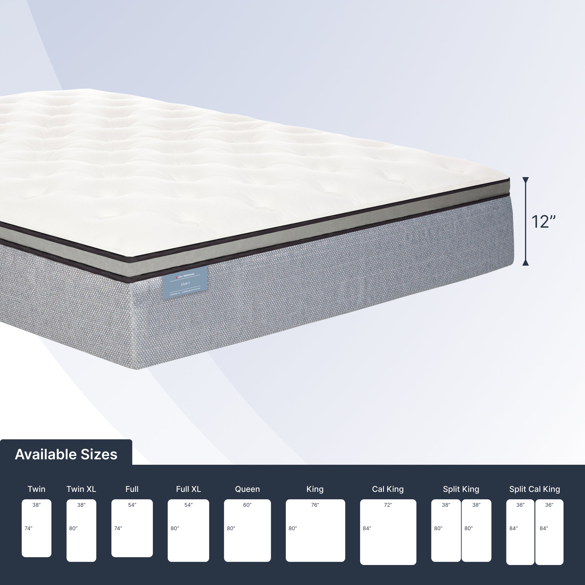 Mattress with size chart on a white background