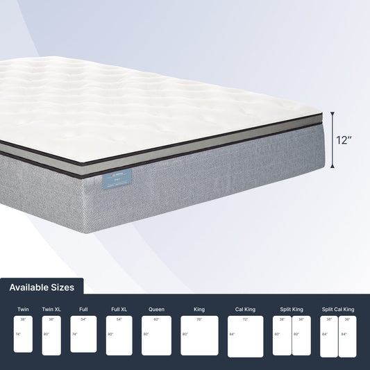 Mattress with size chart on a white background