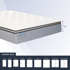 Mattress with size chart on a white background
