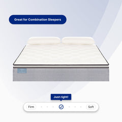 Mattress with labeled firmness options on a light gray background