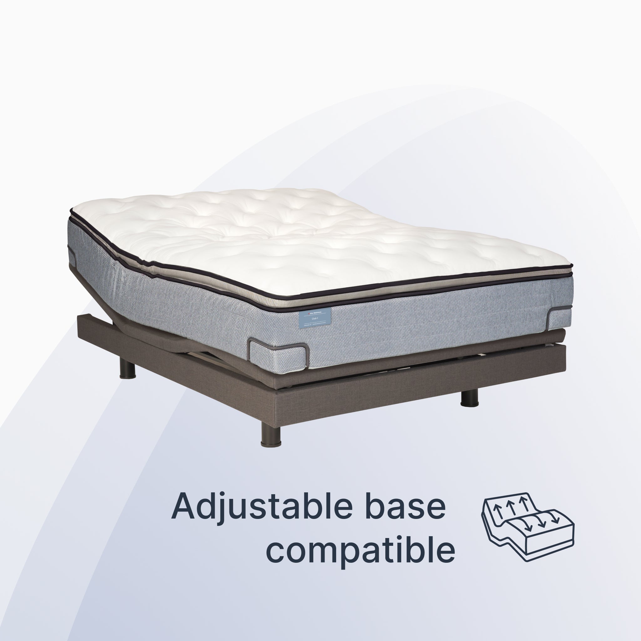 Mattress on an adjustable base with text indicating compatibility.