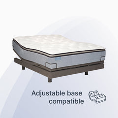 Mattress on an adjustable base with text indicating compatibility.