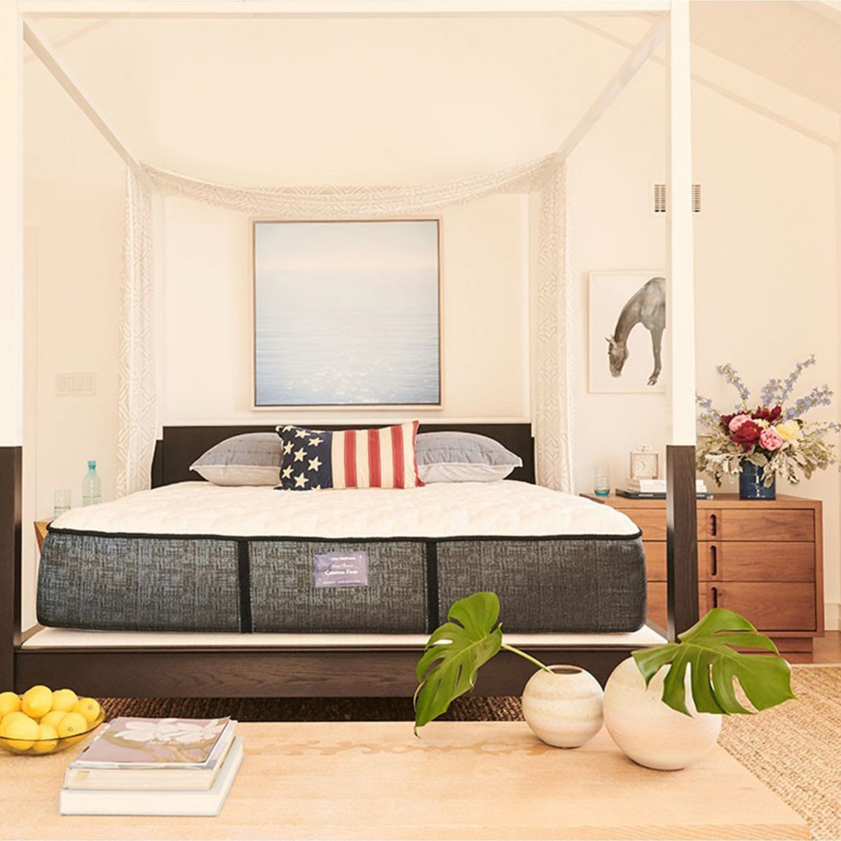 Bedroom with a bed featuring an American flag pillow, wooden dresser, and decor items.