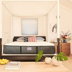 Bedroom with a bed featuring an American flag pillow, wooden dresser, and decor items.