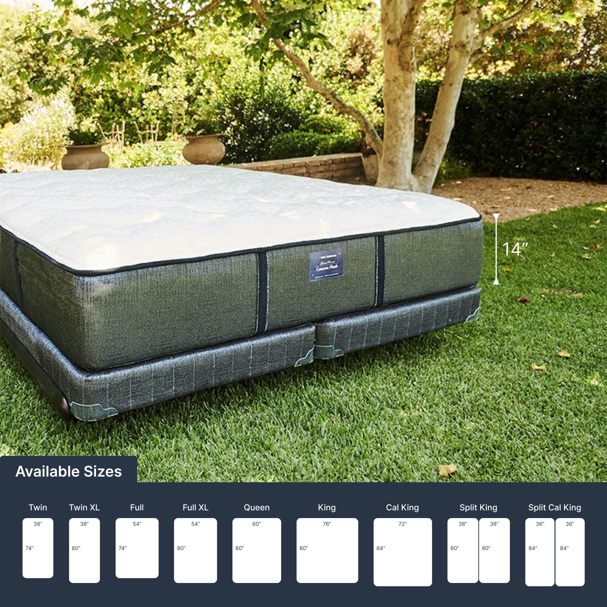 Mattress on grass with size chart overlay