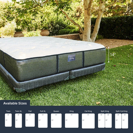 Mattress on grass with size chart overlay