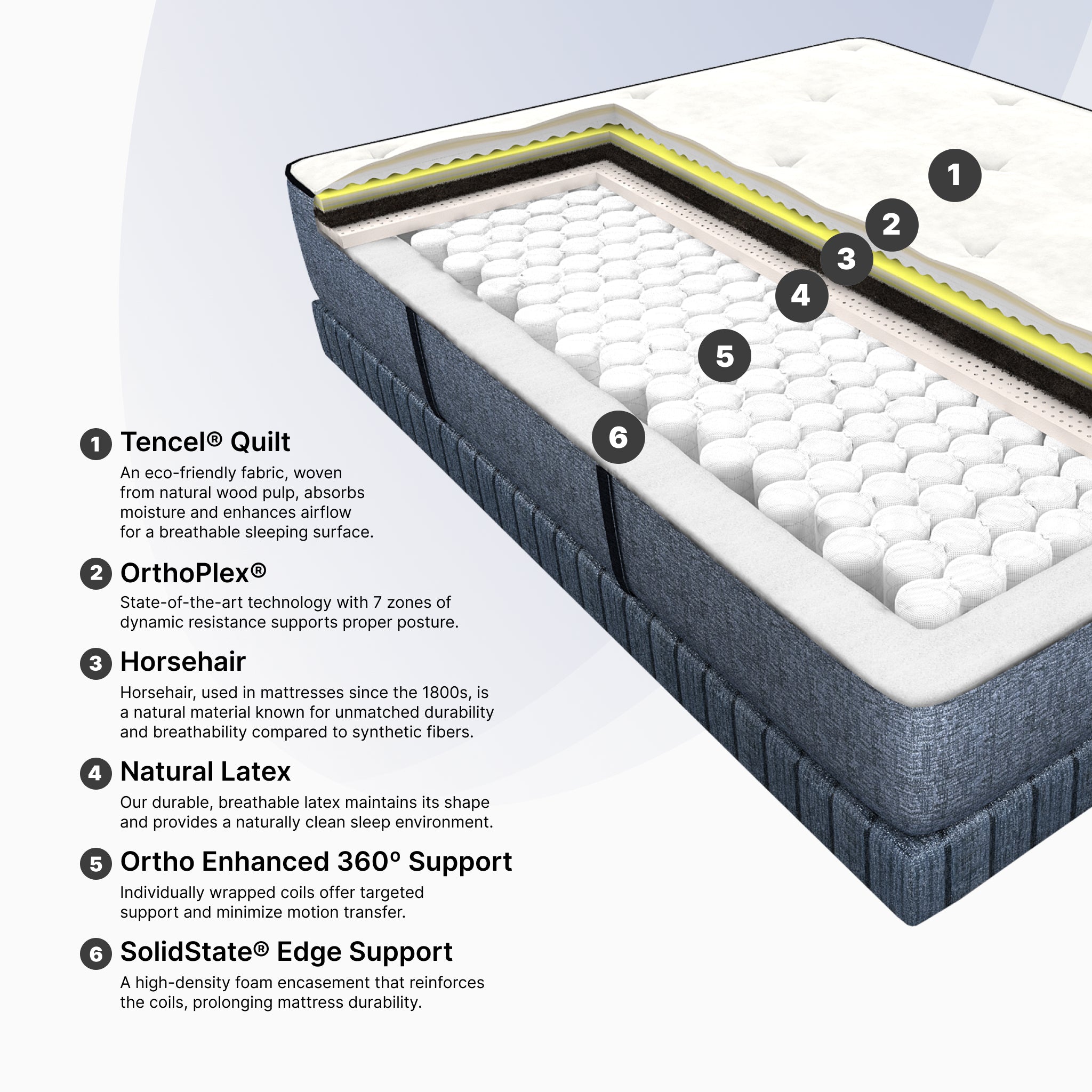 Detailed view of a mattress with labeled layers on a light gray background