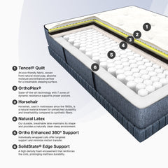 Detailed view of a mattress with labeled layers on a light gray background