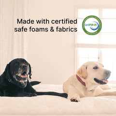 Two dogs lying on a bed with 'CertiPUR-US' certification logo and text about safe materials.