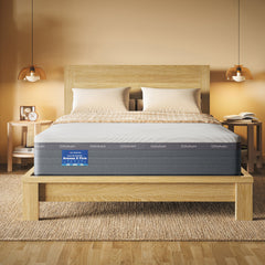 Mattress on a wooden bed frame in a bedroom setting