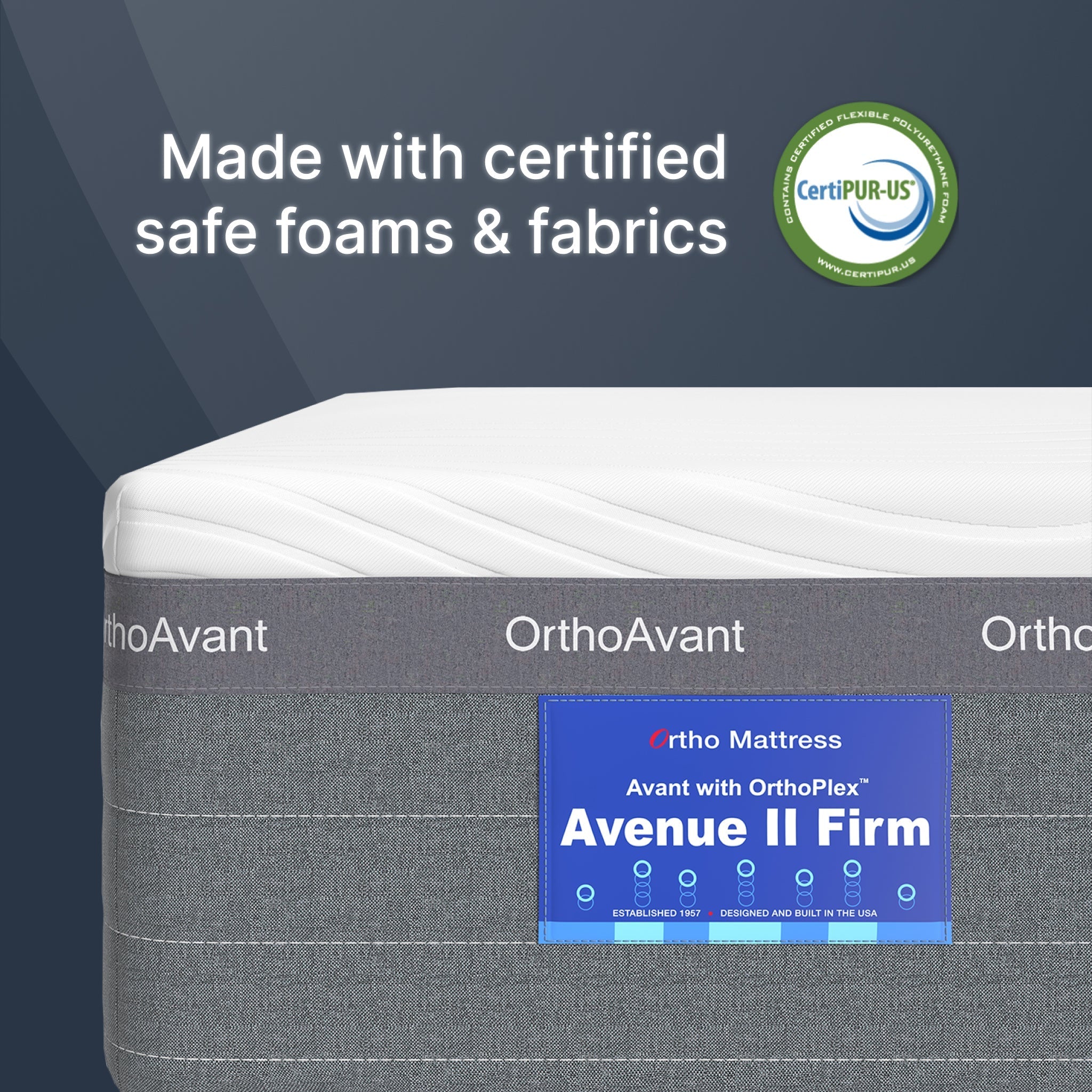 OrthoAvant mattress with CertiPUR-US logo and product label on a dark background
