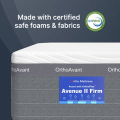 OrthoAvant mattress with CertiPUR-US logo and product label on a dark background