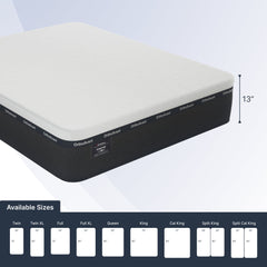 Mattress with OrthoBreathe branding and size chart on a light blue background
