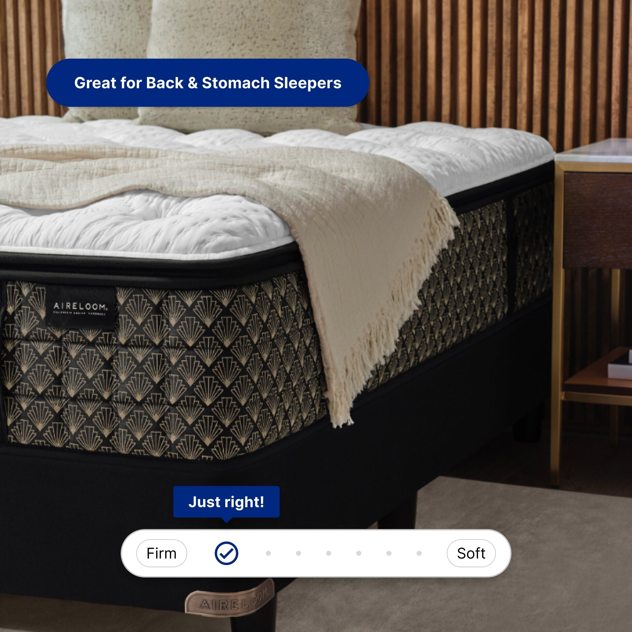 Aireloom mattress with a blanket on top, labeled 'Great for Back & Stomach Sleepers' and 'Just right!'.
