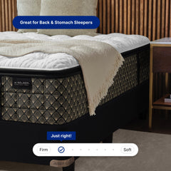 Aireloom mattress with a blanket on top, labeled 'Great for Back & Stomach Sleepers' and 'Just right!'.