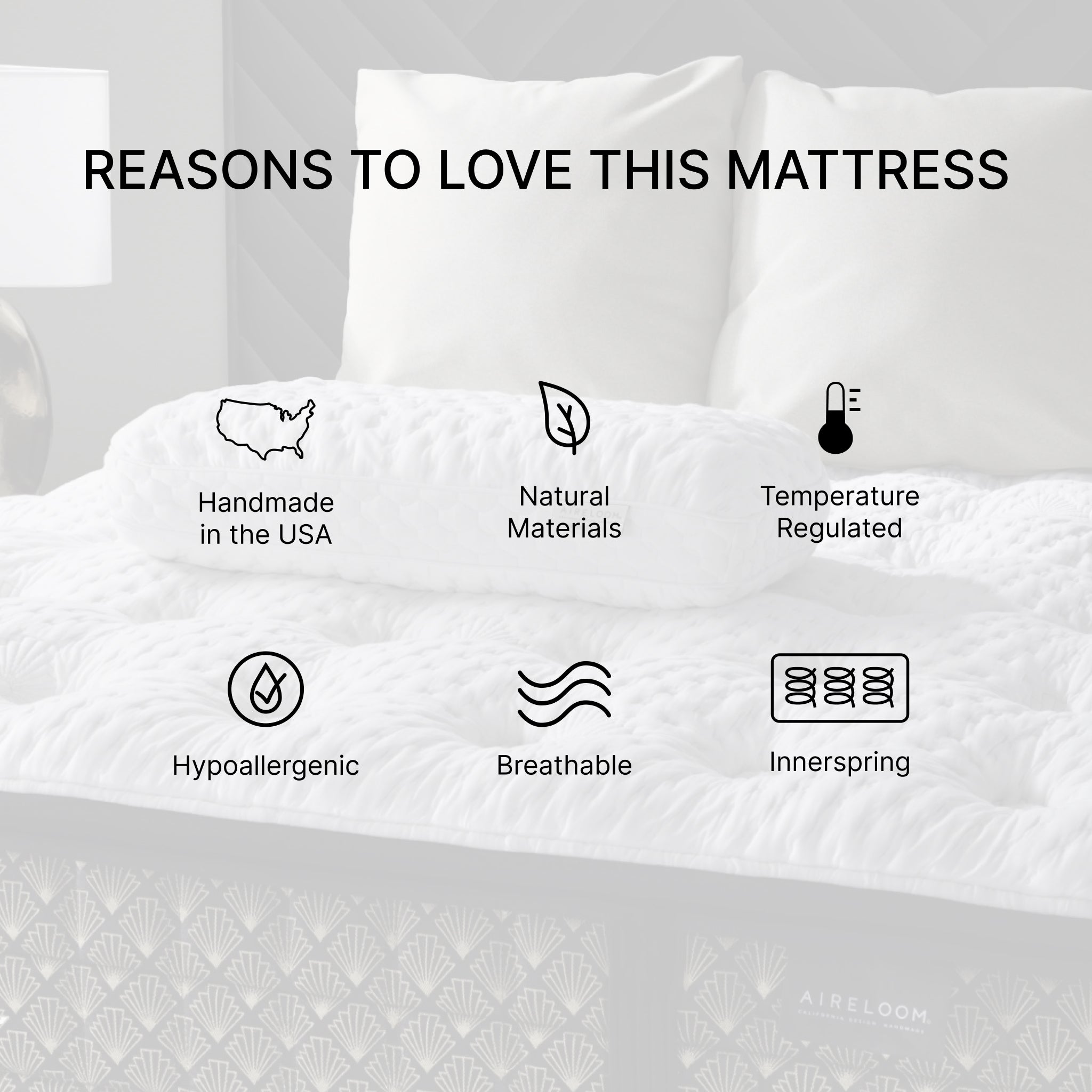 Mattress with text and icons highlighting features, set against a neutral background.