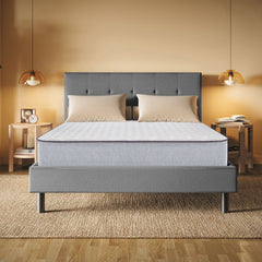 Gray upholstered bed with a mattress in a bedroom setting.