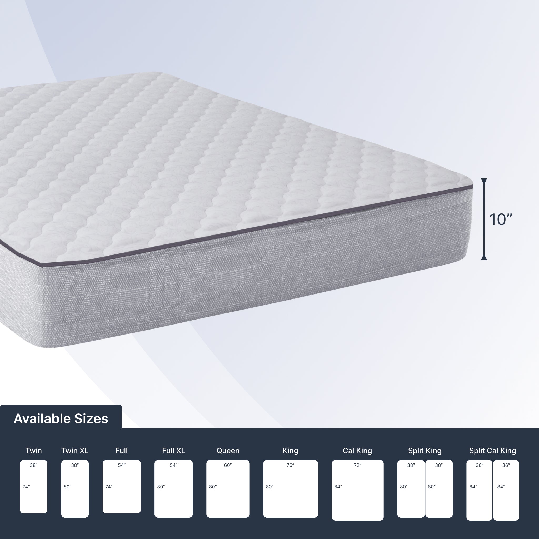 Gray mattress with size chart on a white background