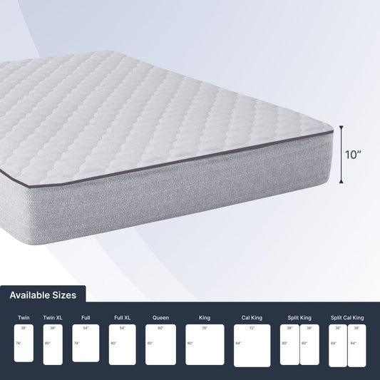 Gray mattress with size chart on a white background