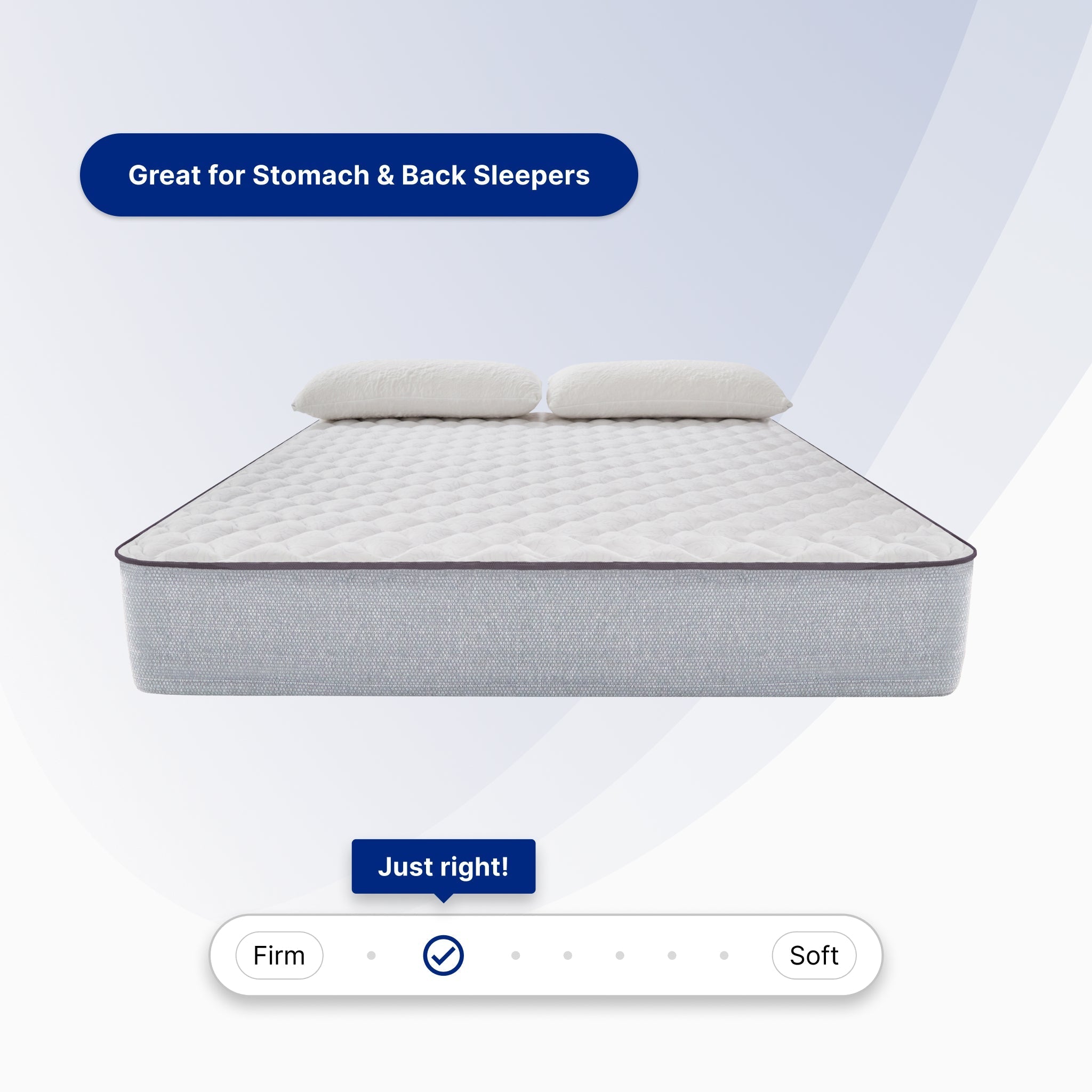 Mattress with two pillows on a light gray background, labeled 'Great for Stomach & Back Sleepers'.