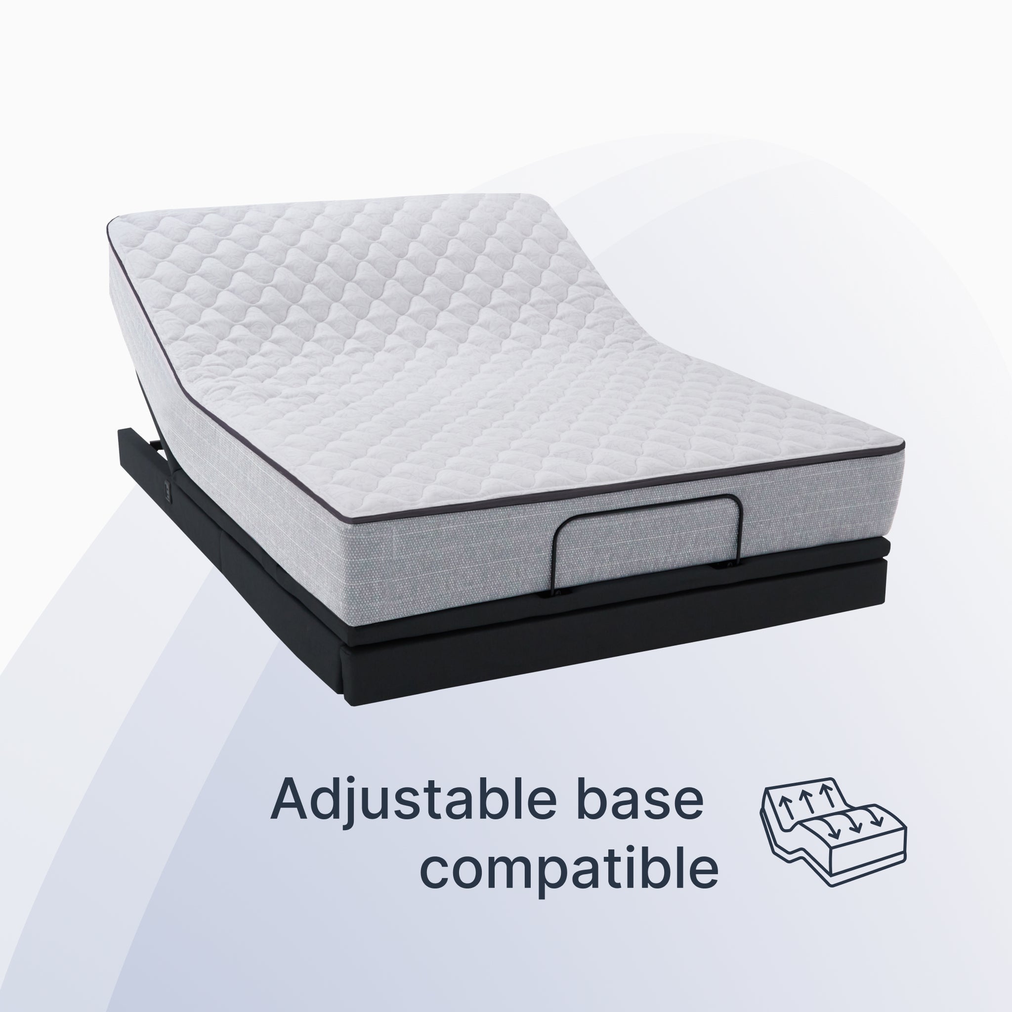 Mattress on an adjustable base with text indicating compatibility.