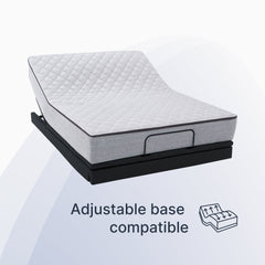 Mattress on an adjustable base with text indicating compatibility.