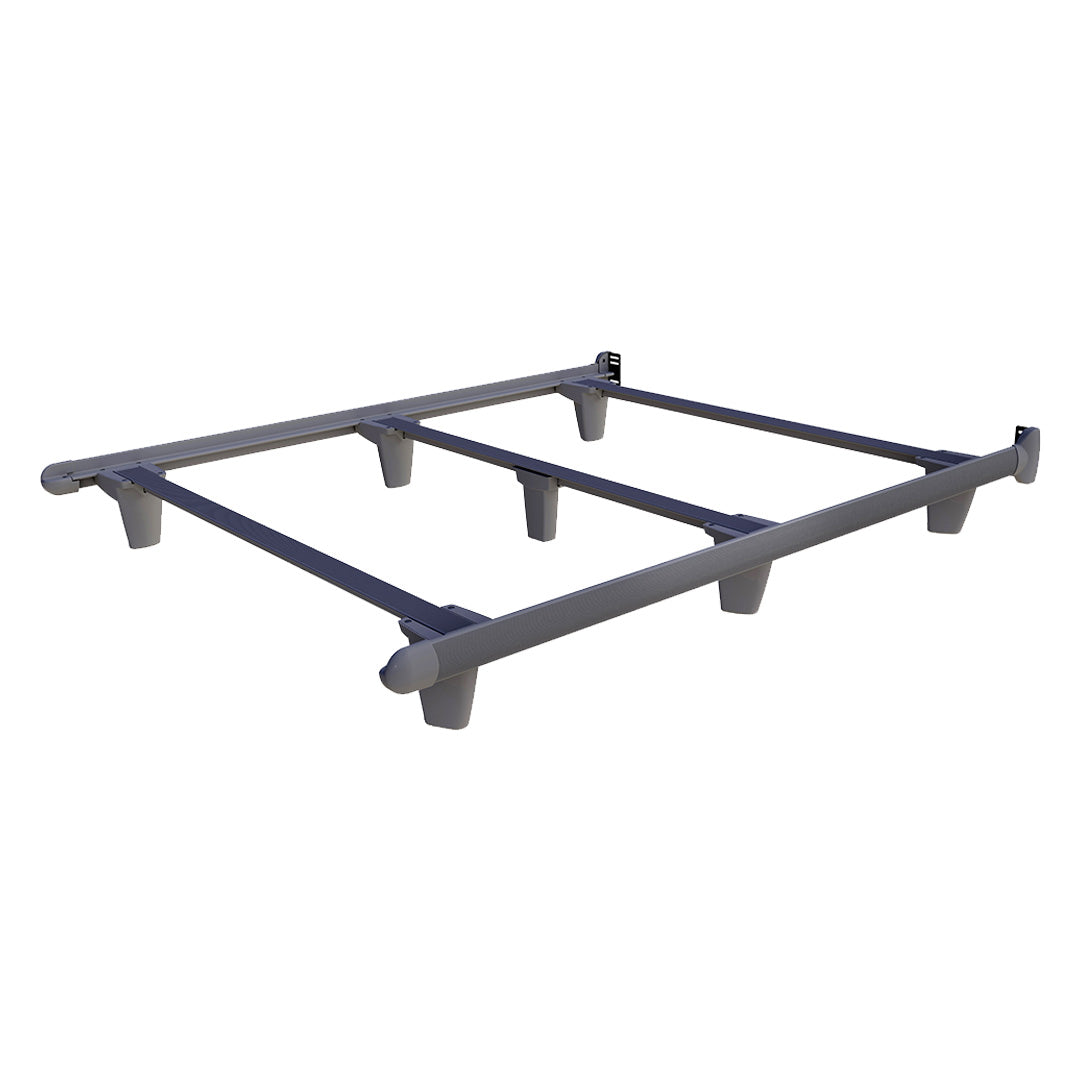 Black metal bed frame on a white background
