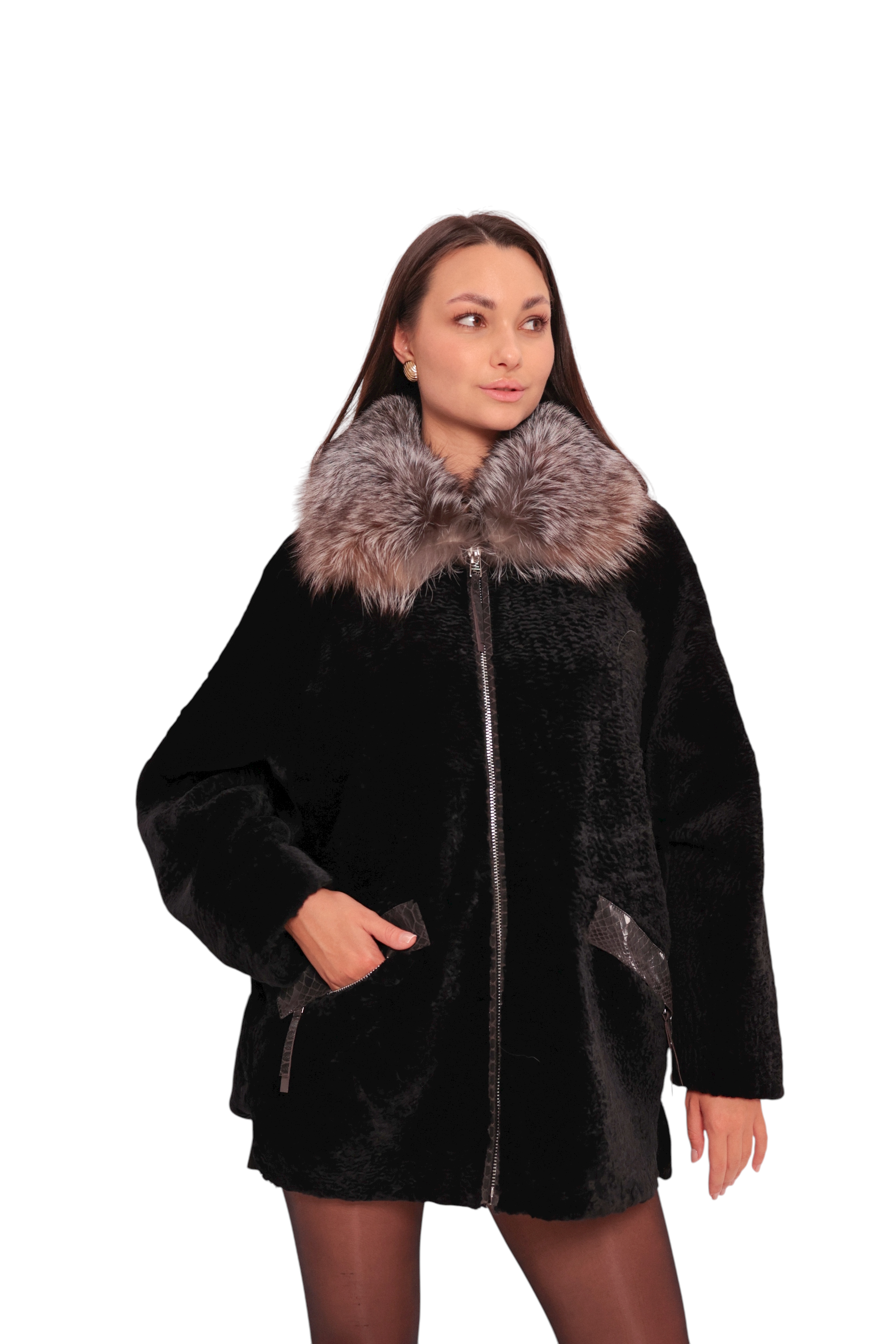 Woman wearing a black coat with a fur collar on a white background
