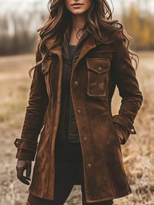 Person wearing a brown leather coat standing in a field.