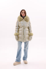 Genuine Fox Fur Down Coat with Fur Trim Mittens