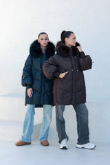 Celeste Genuine Fur Trim Down Fill Coat in Fig