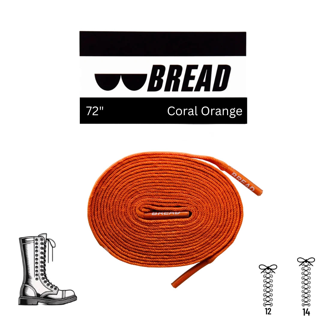 Orange shoelace with 'BREAD' branding and product details on a white background