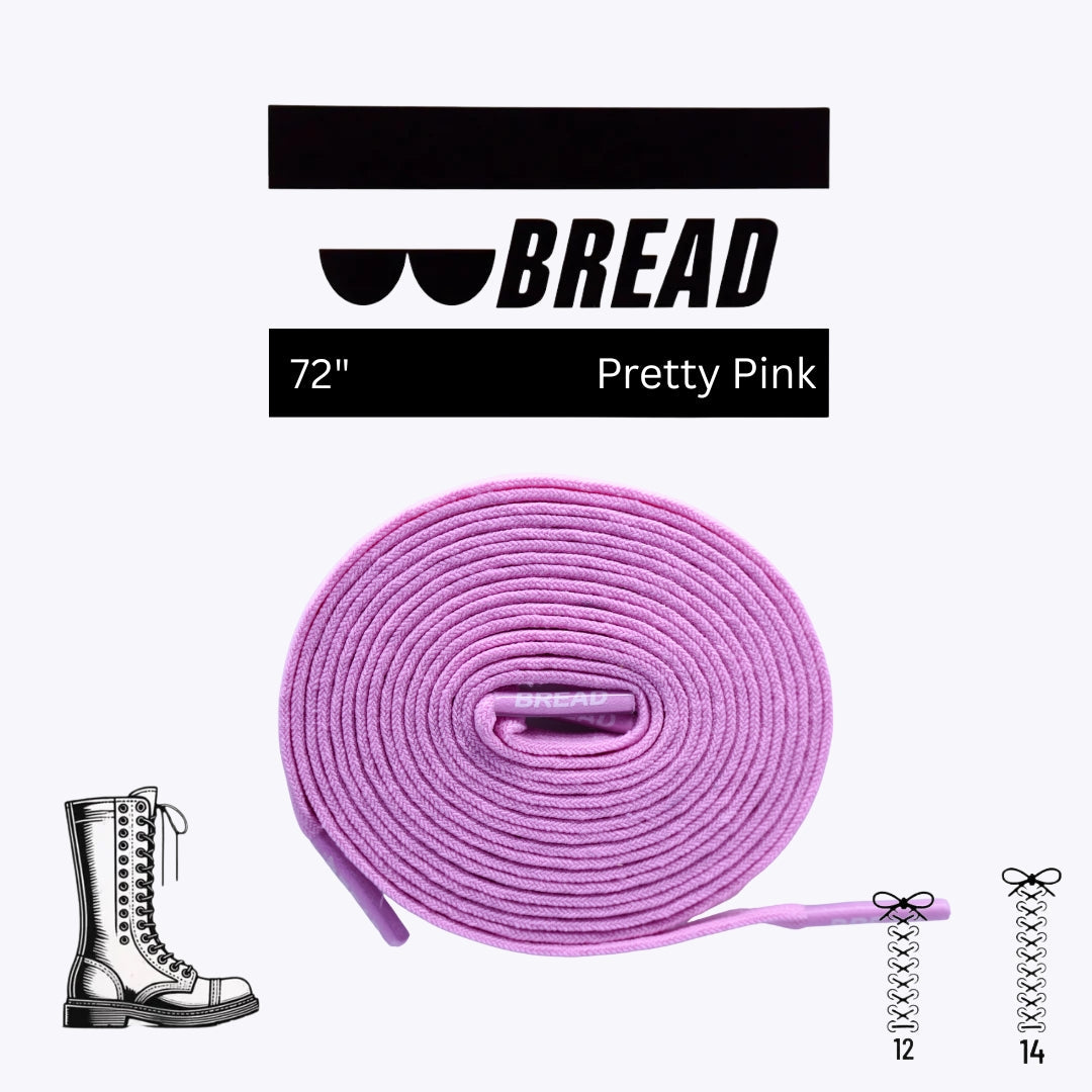Purple shoelace with 'BREAD' branding and product details on a white background