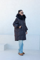 Dakota Genuine Fur Trim Down Fill Coat in Fig