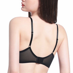 Black bra worn by a model on a white background
