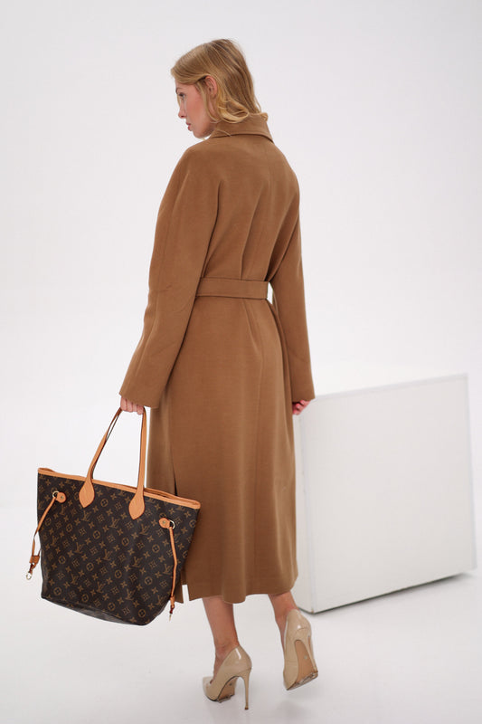Cambridge Comfort Wraparound Wool Cashmere Coat in Dark Camel