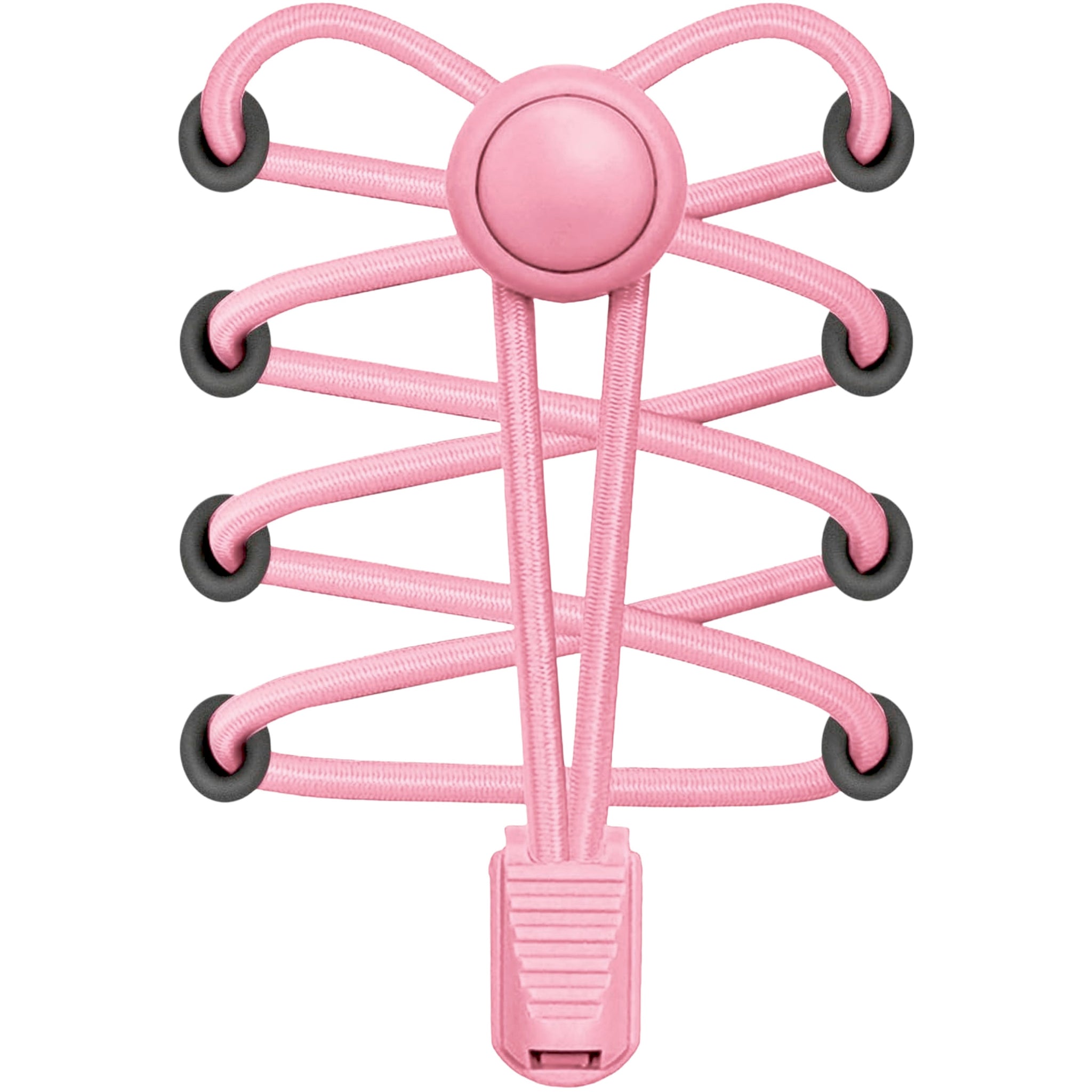 Pink shoe lace holder with black clips on a white background