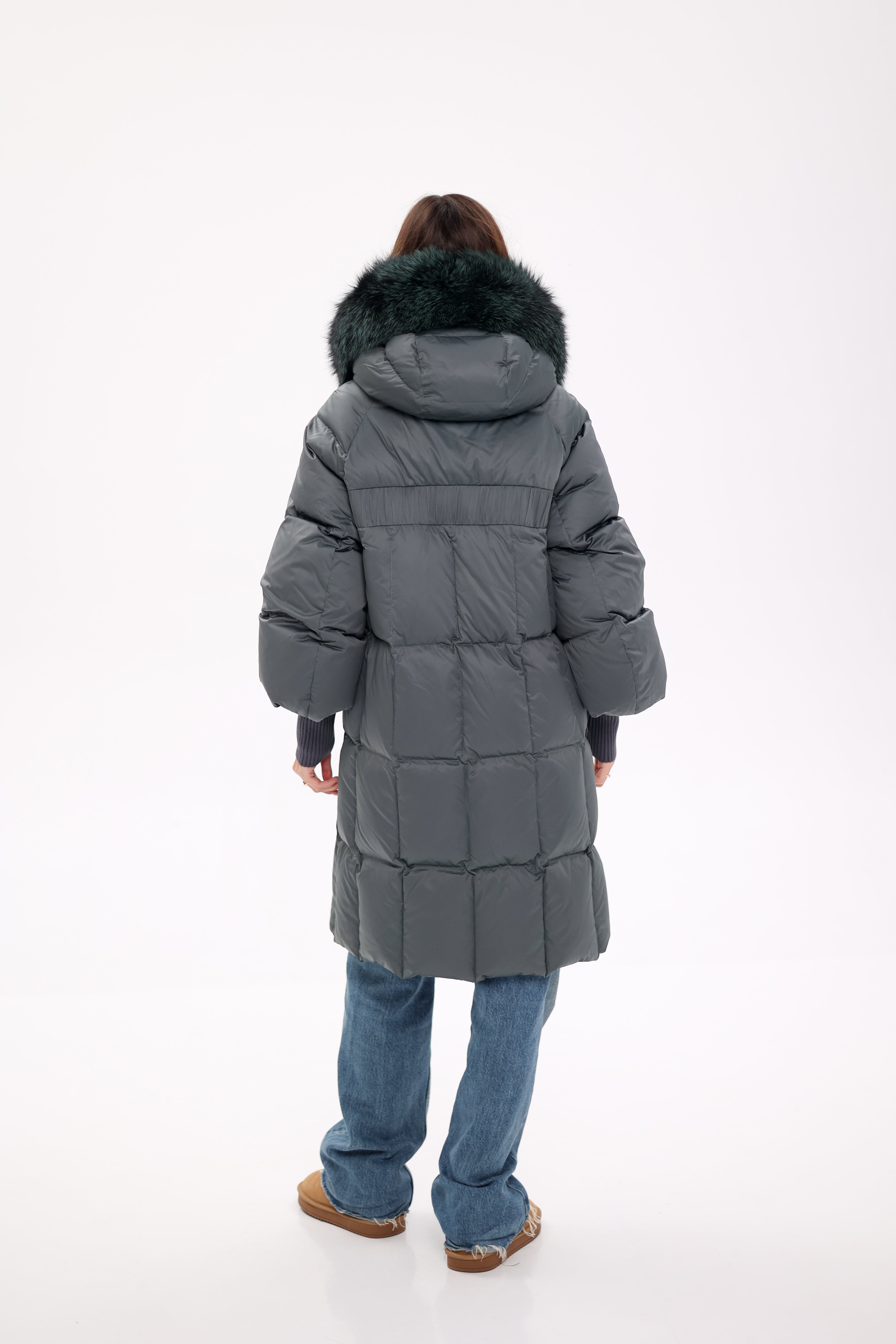 Genuine Silver Fox Fur Trim Down Coat in Forest Slate Alaska® Outerwear Company