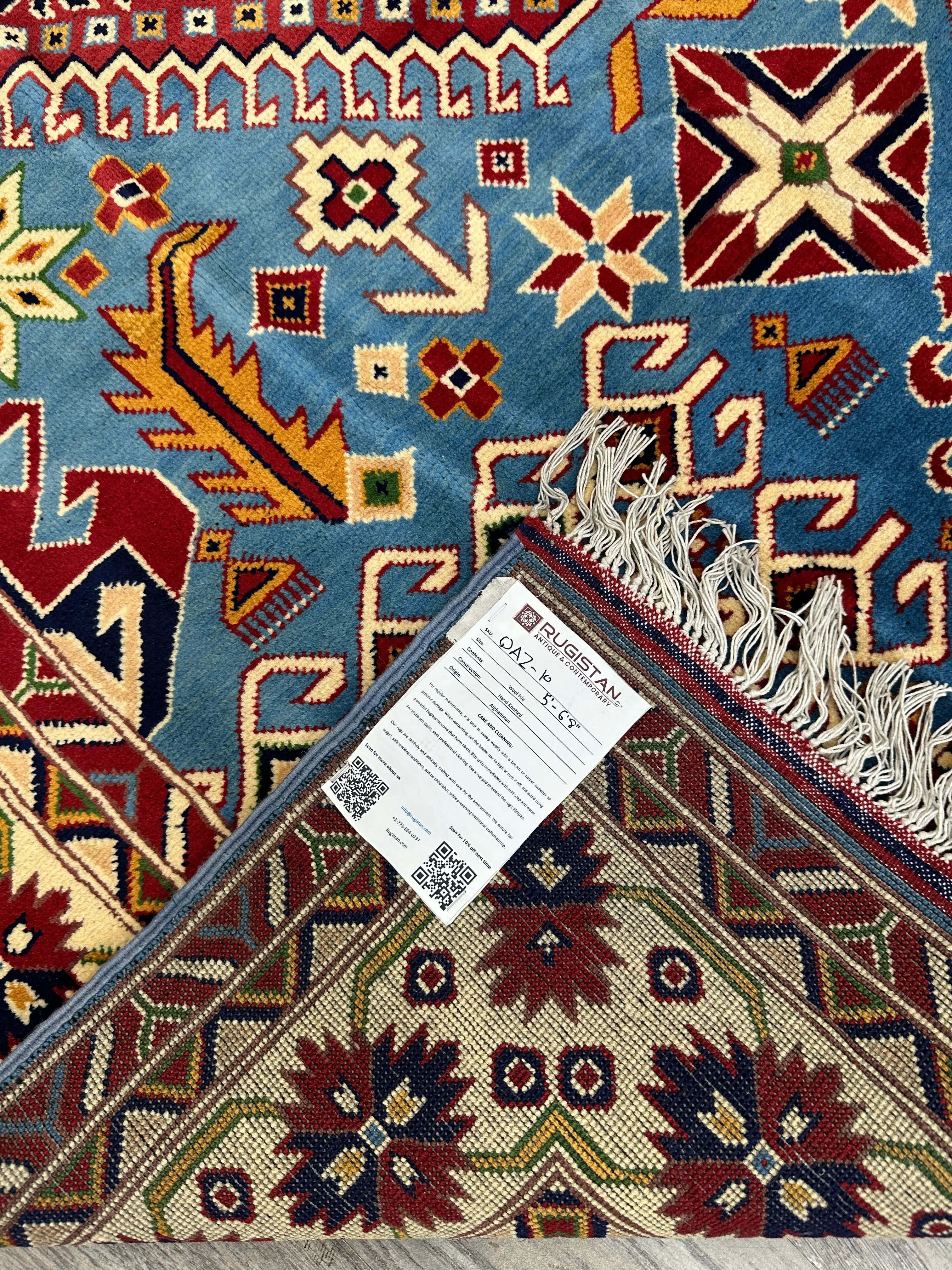Hand-Knotted Afghani Kazak Wool Rug – 5’0″  x  6’10″ Rugistan