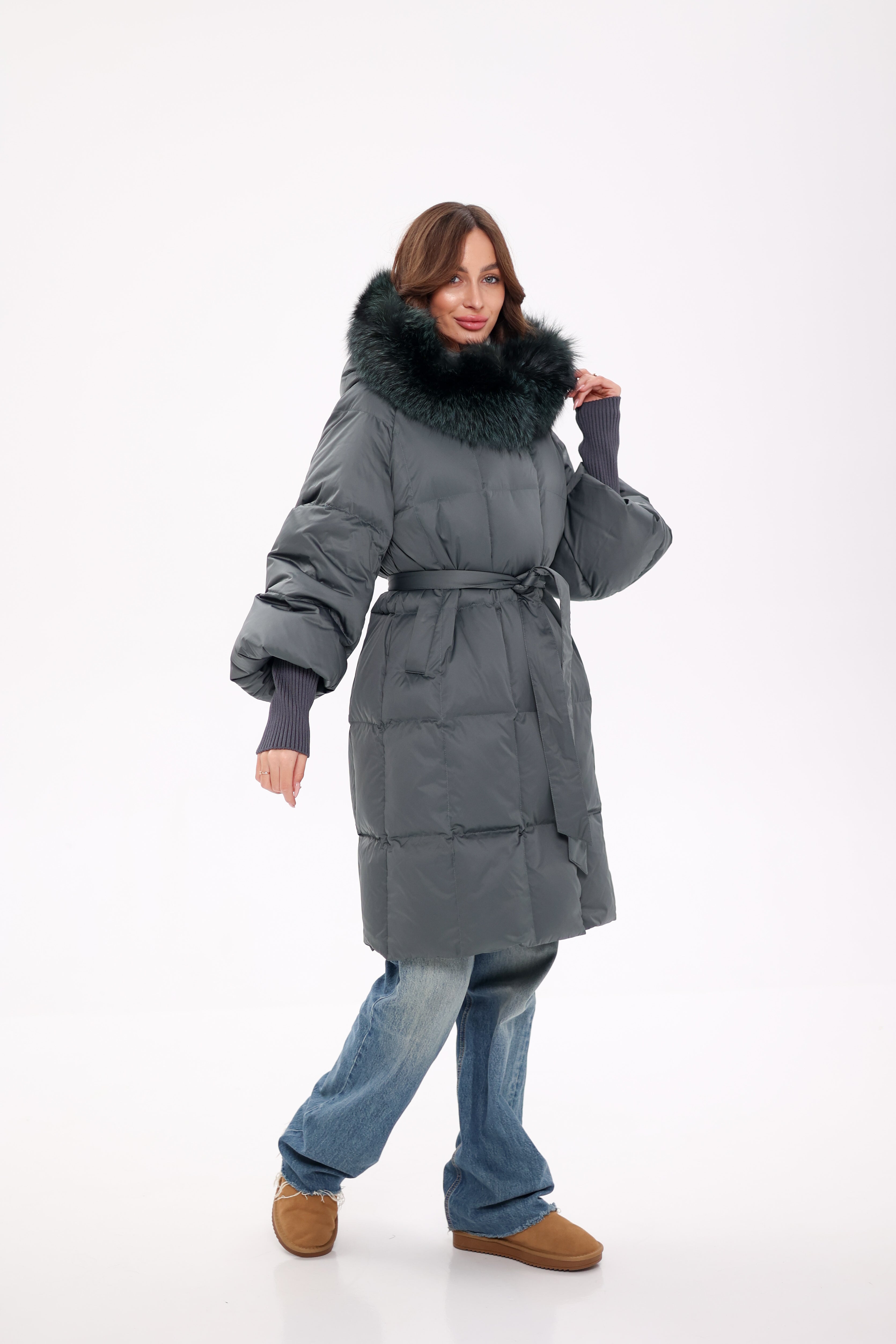 Genuine Silver Fox Fur Trim Down Coat in Forest Slate Alaska® Outerwear Company
