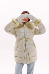 Genuine Fox Fur Down Coat with Fur Trim Mittens