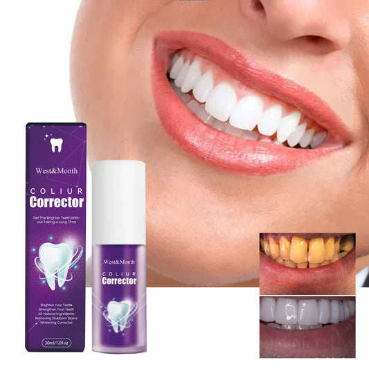 West&Month Coliur Corrector product with a close-up of a smile showing white teeth.