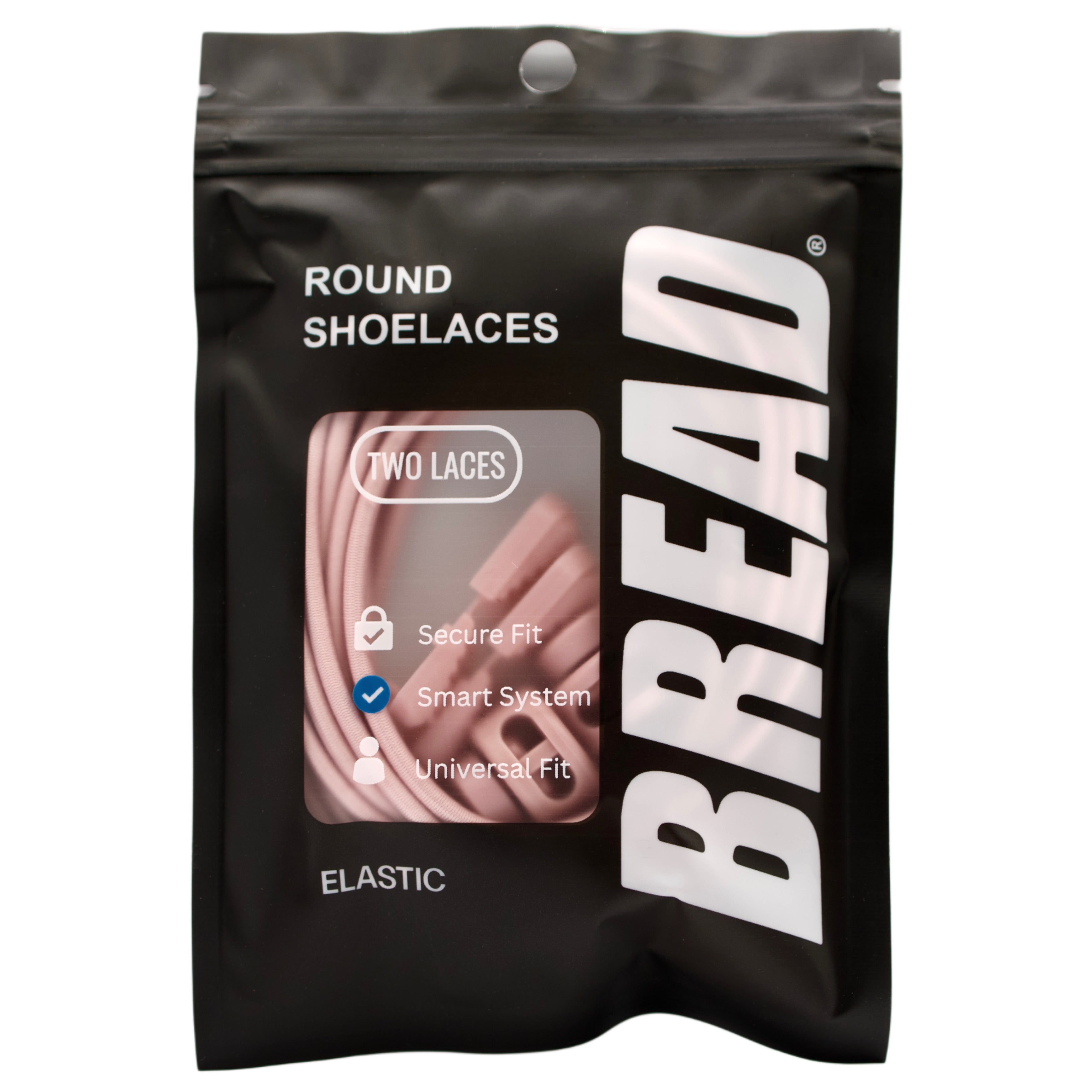 Black package of round shoelaces with 'BREAD' branding and features listed.