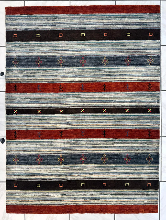 Hand-Knotted Indo-Gabbeh Wool & Bamboo Rug – 5'2" x 7' – Durable Striped Design Rugistan