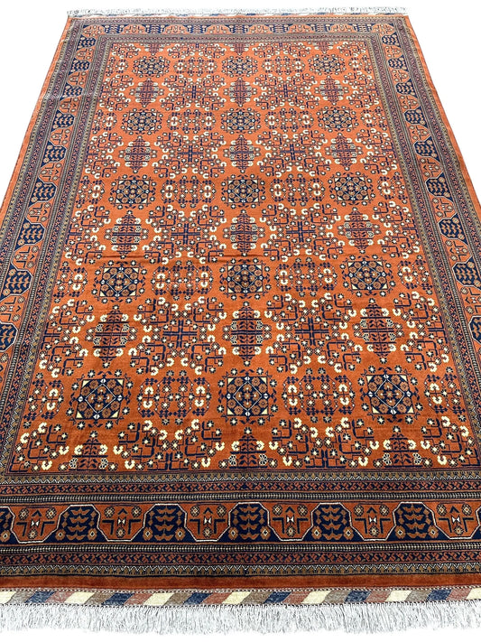 Hand-Knotted Afghani Bukharayi Rug | 6'7" x 10' Wool Area Carpet – Traditional Geometric Design Rugistan