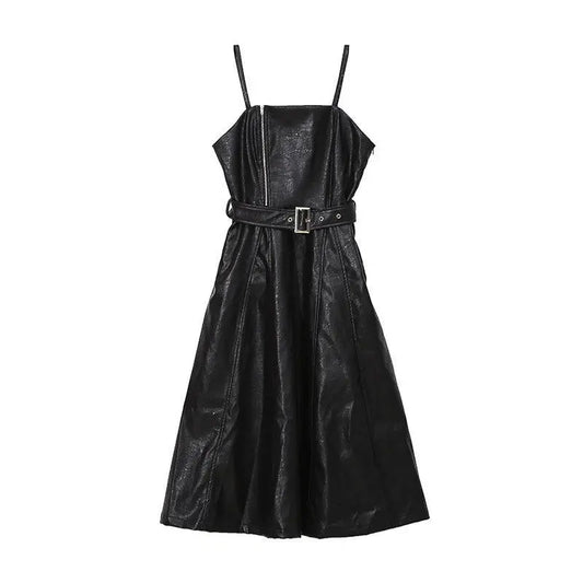 Long PU Leather Suspender Skirt – Adjustable Straps Family Shopolf