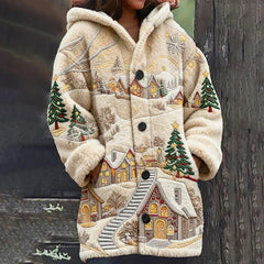 Beige quilted jacket with embroidered winter scene of houses and trees on a dark background
